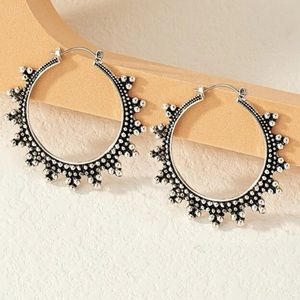 Bohemian Silver tone Hollow Cut Out Hoop Gypsy Bead Hippie Festival Earrings
